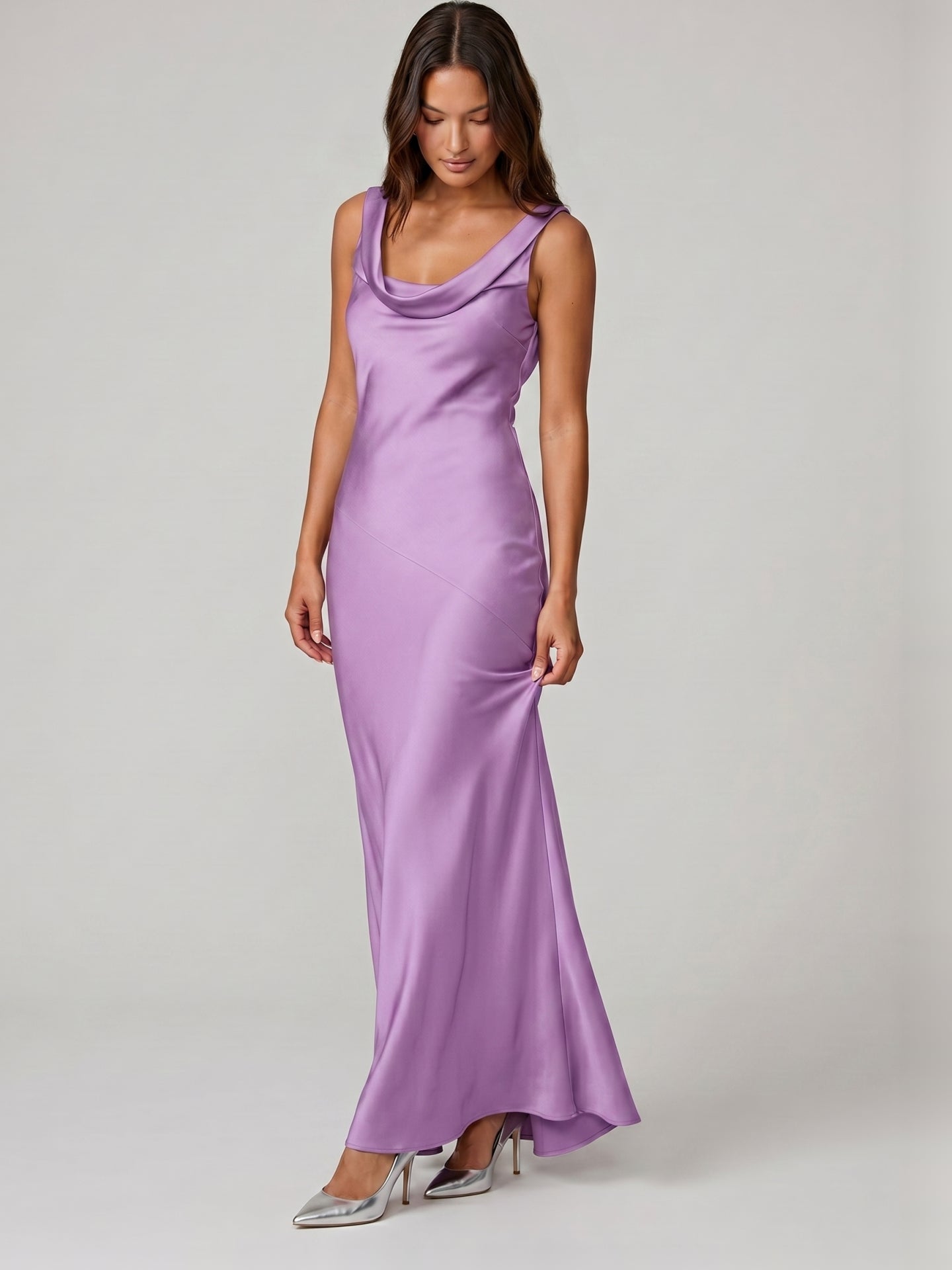 Wisteria Satin Mermaid Cowl Neck Backless Floor-Length Bridesmaid Dress