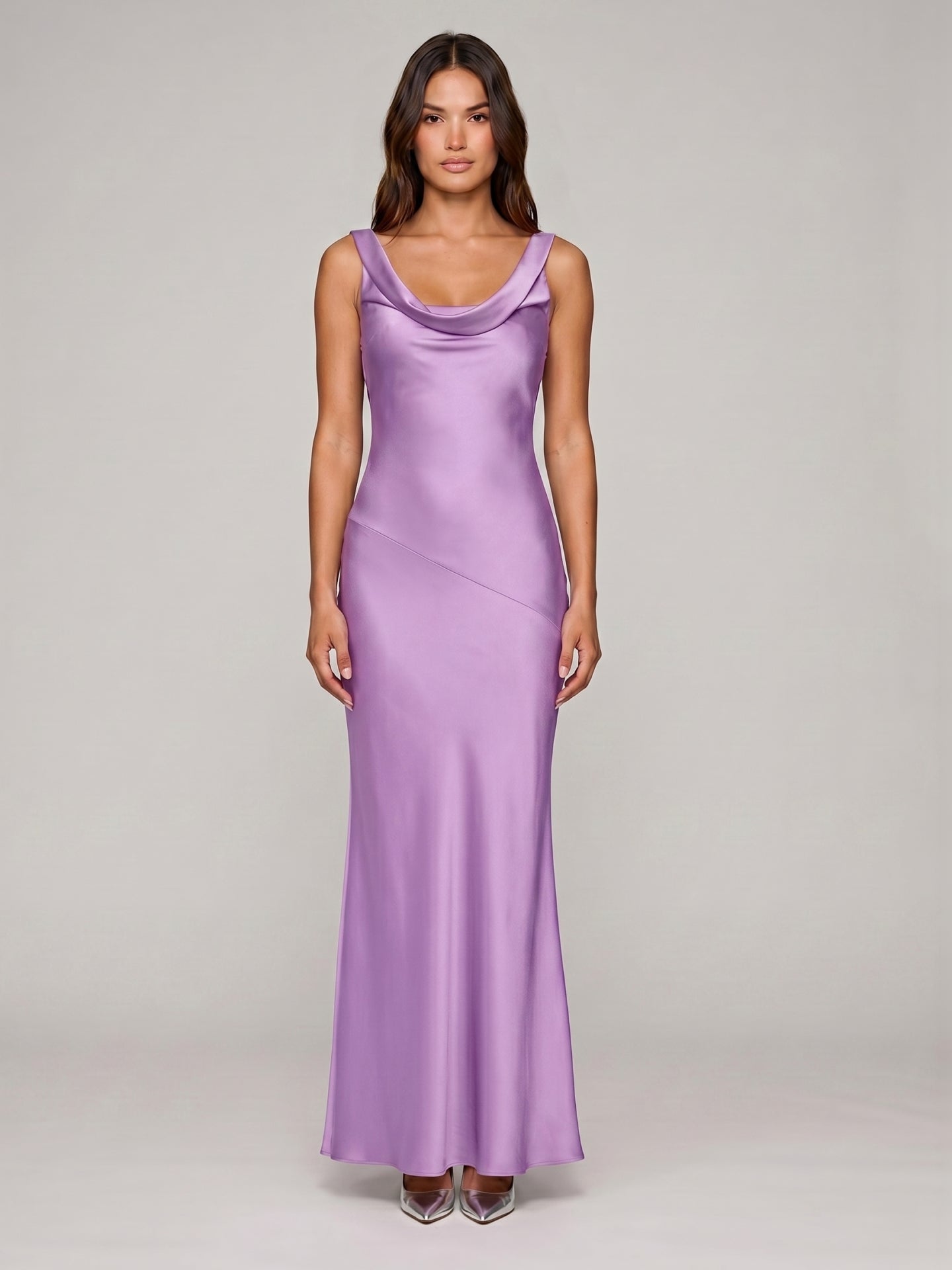 Wisteria Satin Mermaid Cowl Neck Backless Floor-Length Bridesmaid Dress