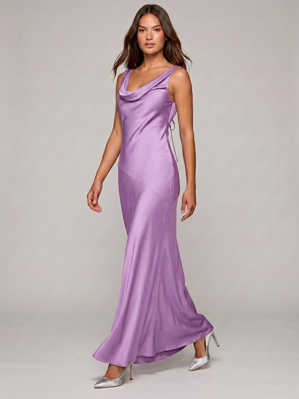 Wisteria Satin Mermaid Cowl Neck Backless Floor-Length Bridesmaid Dress