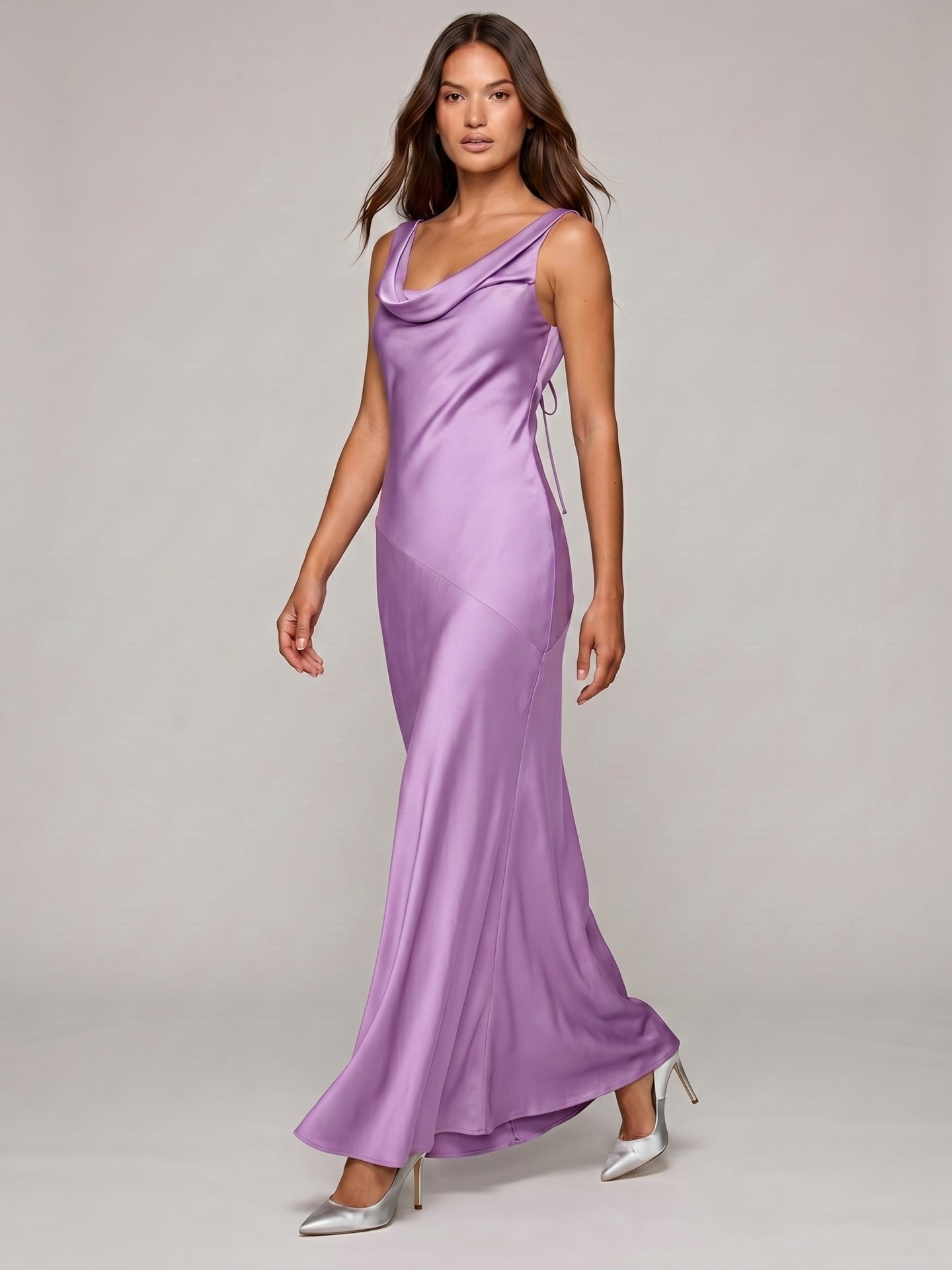 Wisteria Satin Mermaid Cowl Neck Backless Floor-Length Bridesmaid Dress