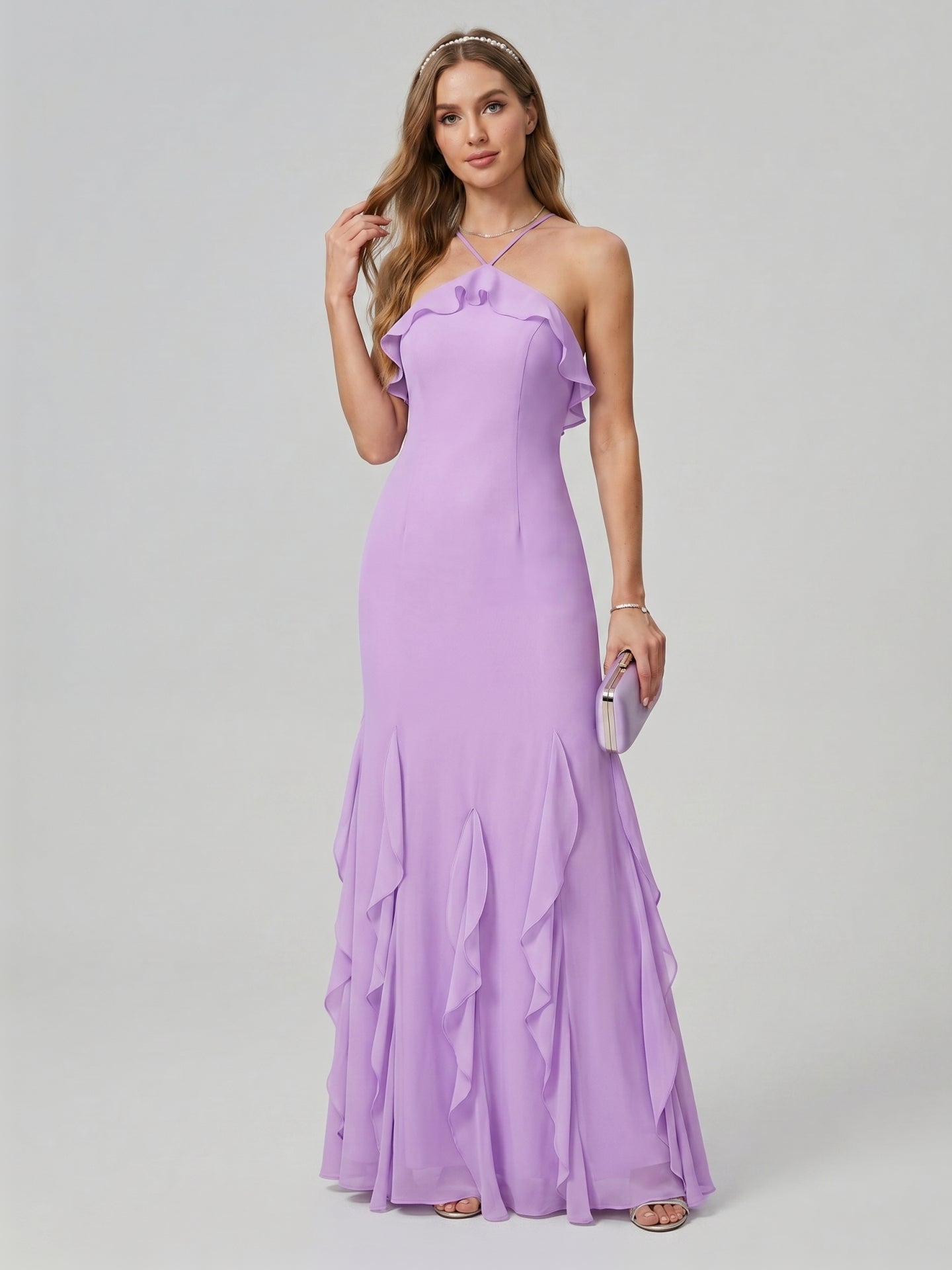 Elegant Wisteria Chiffon Trumpet Halter neckline Ankle-Length Bridesmaid Dress