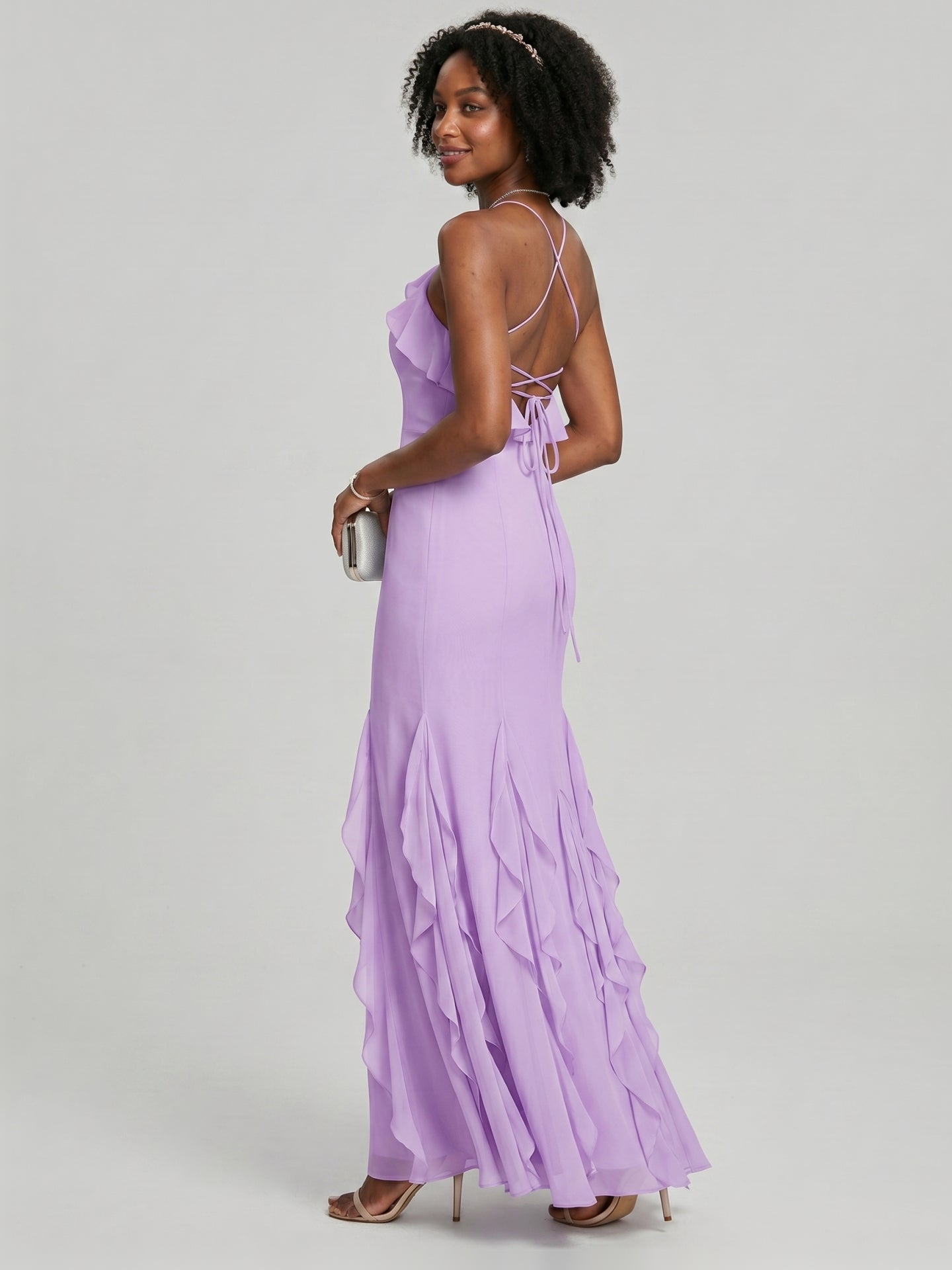 Elegant Wisteria Chiffon Trumpet Halter neckline Ankle-Length Bridesmaid Dress