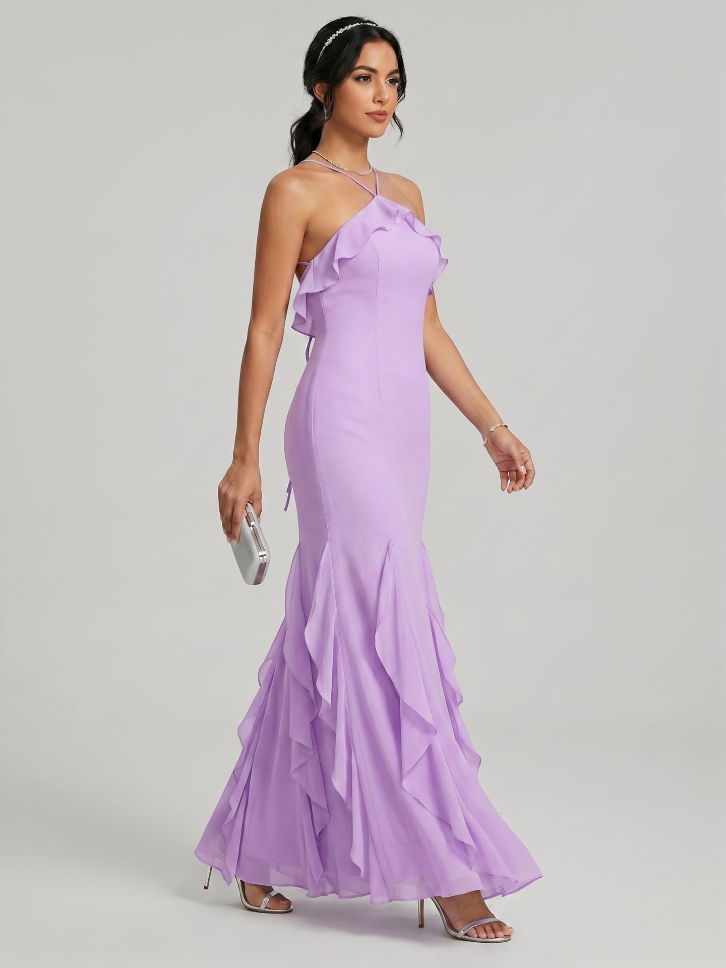 Elegant Wisteria Chiffon Trumpet Halter neckline Ankle-Length Bridesmaid Dress
