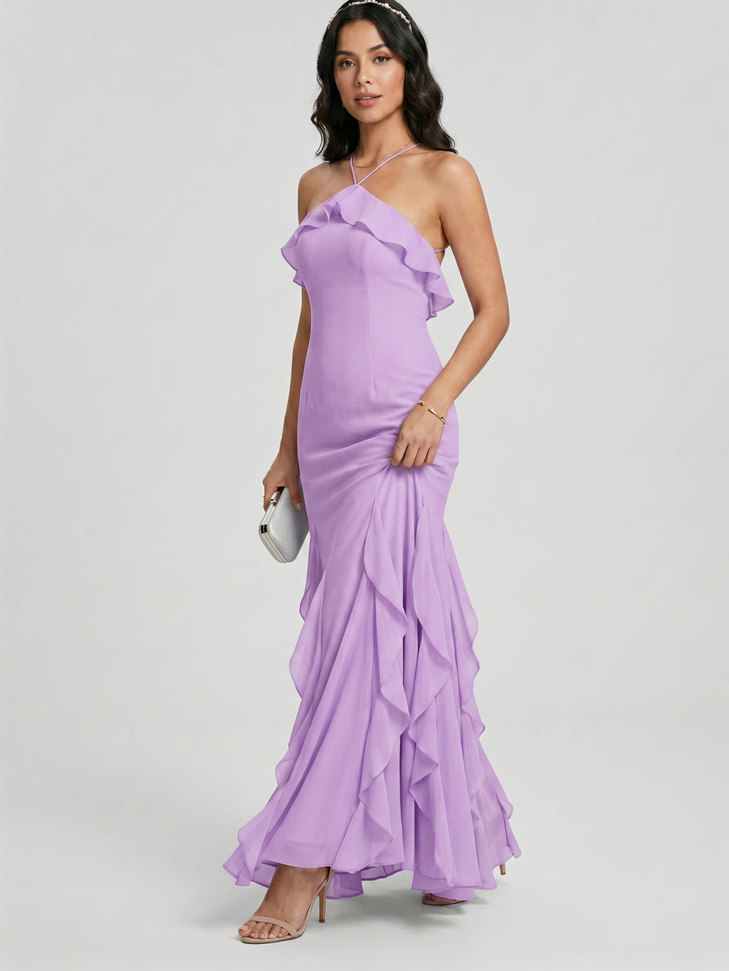 Elegant Wisteria Chiffon Trumpet Halter neckline Ankle-Length Bridesmaid Dress