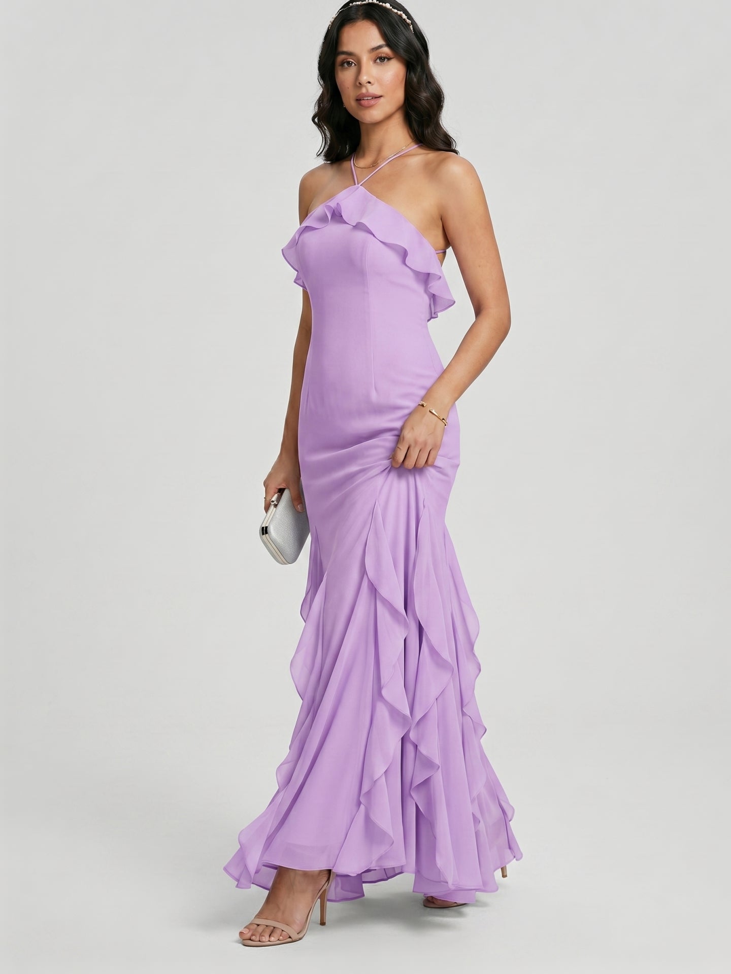 Elegant Wisteria Chiffon Trumpet Halter neckline Ankle-Length Bridesmaid Dress