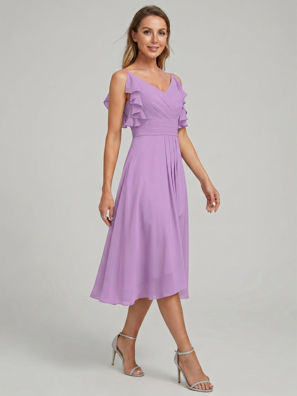 Coquette Wisteria Chiffon A-Line V-Neck V-Back Knee-Length Bridesmaid Dress
