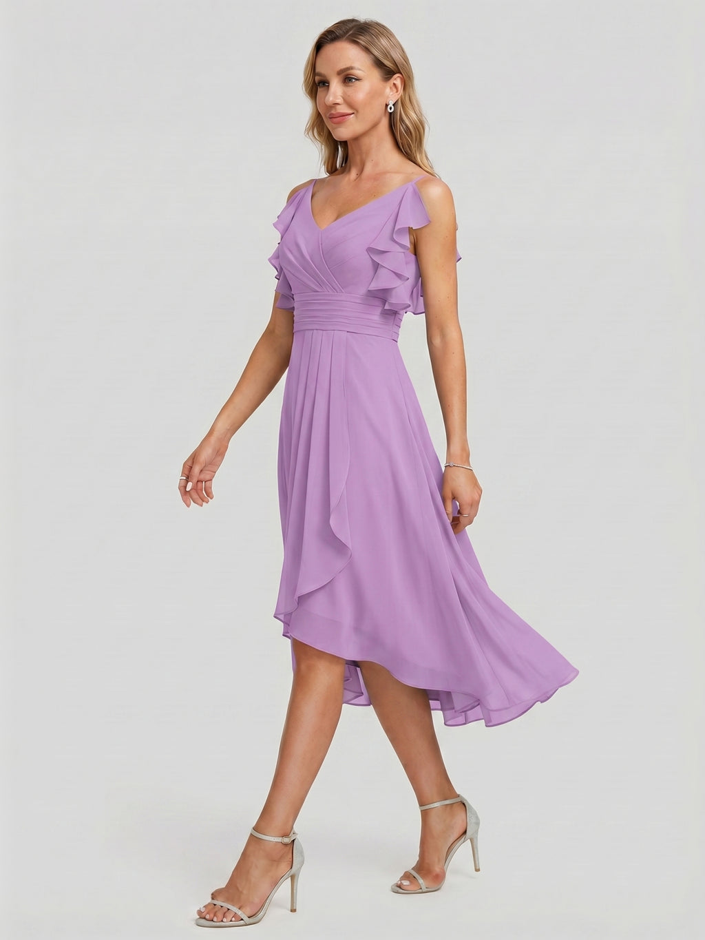 Coquette Wisteria Chiffon A-Line V-Neck V-Back Knee-Length Bridesmaid Dress