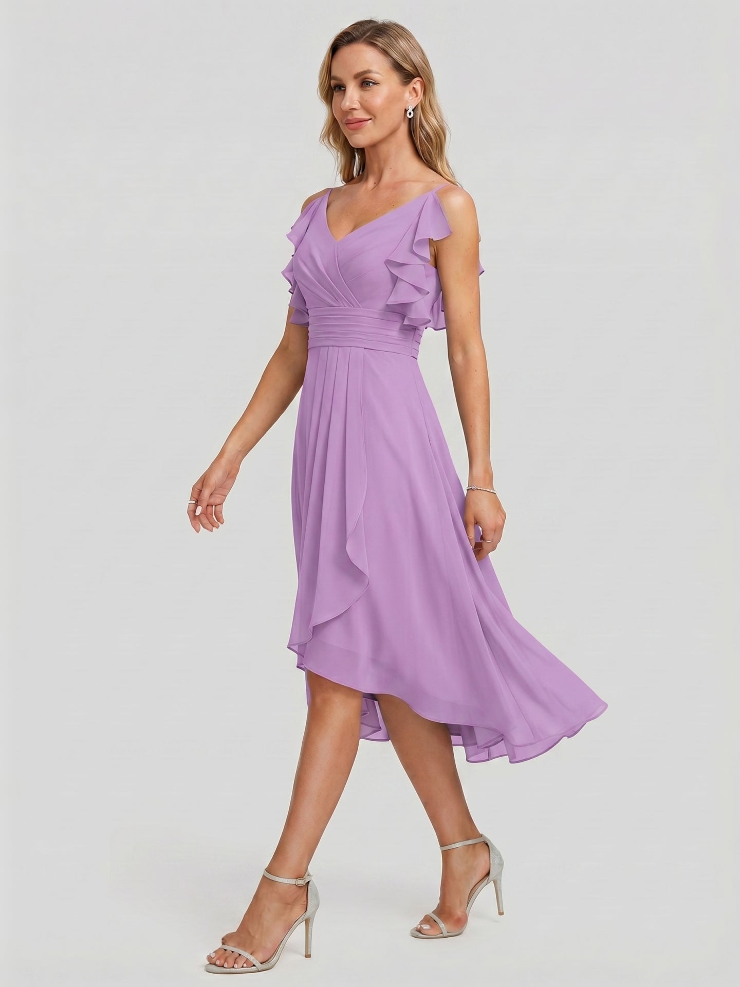 Coquette Wisteria Chiffon A-Line V-Neck V-Back Knee-Length Bridesmaid Dress