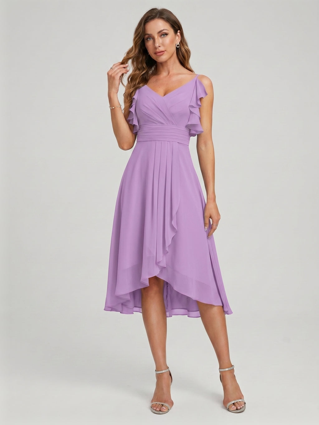 Coquette Wisteria Chiffon A-Line V-Neck V-Back Knee-Length Bridesmaid Dress