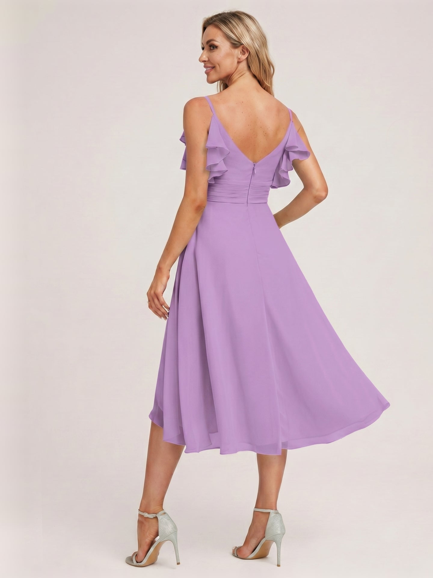 Coquette Wisteria Chiffon A-Line V-Neck V-Back Knee-Length Bridesmaid Dress