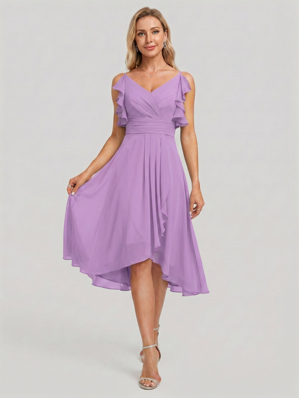 Coquette Wisteria Chiffon A-Line V-Neck V-Back Knee-Length Bridesmaid Dress