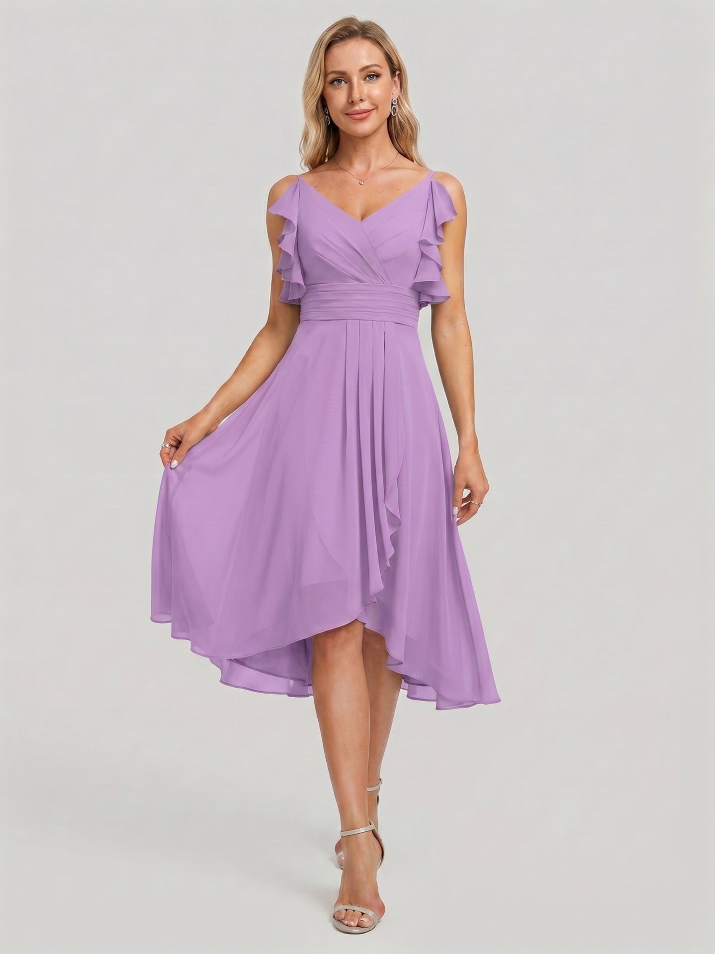 Coquette Wisteria Chiffon A-Line V-Neck V-Back Knee-Length Bridesmaid Dress