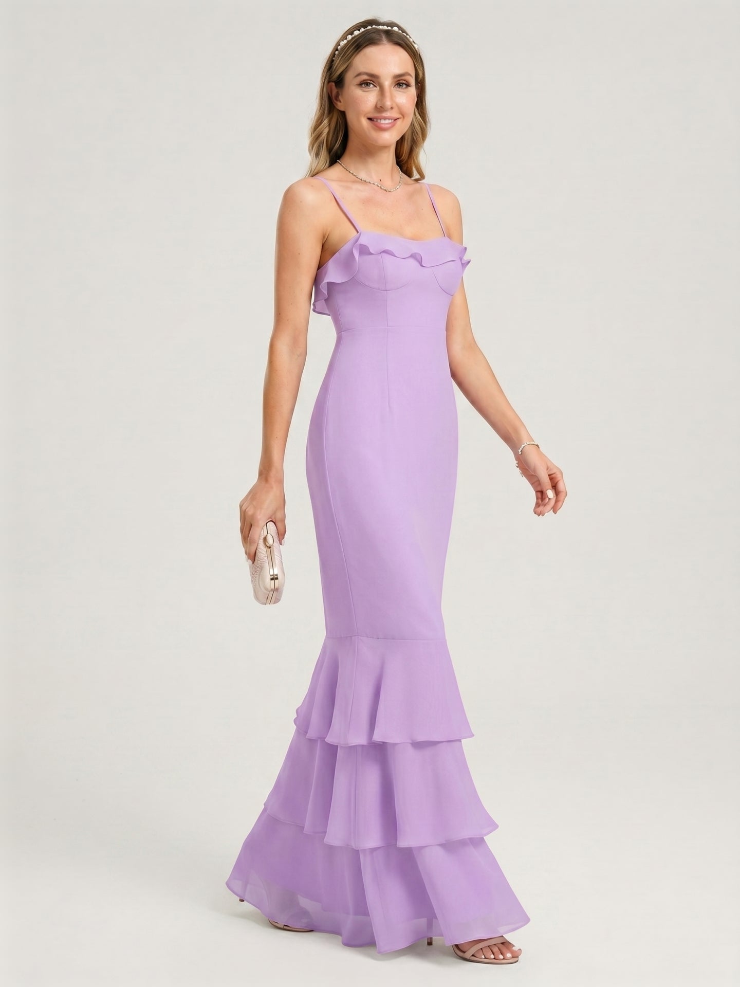 Coquette Wisteria Chiffon mermaid Straight Neck Back Zip Ankle-Length Bridesmaid Dress