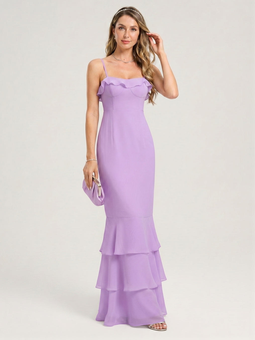 Coquette Wisteria Chiffon mermaid Straight Neck Back Zip Ankle-Length Bridesmaid Dress