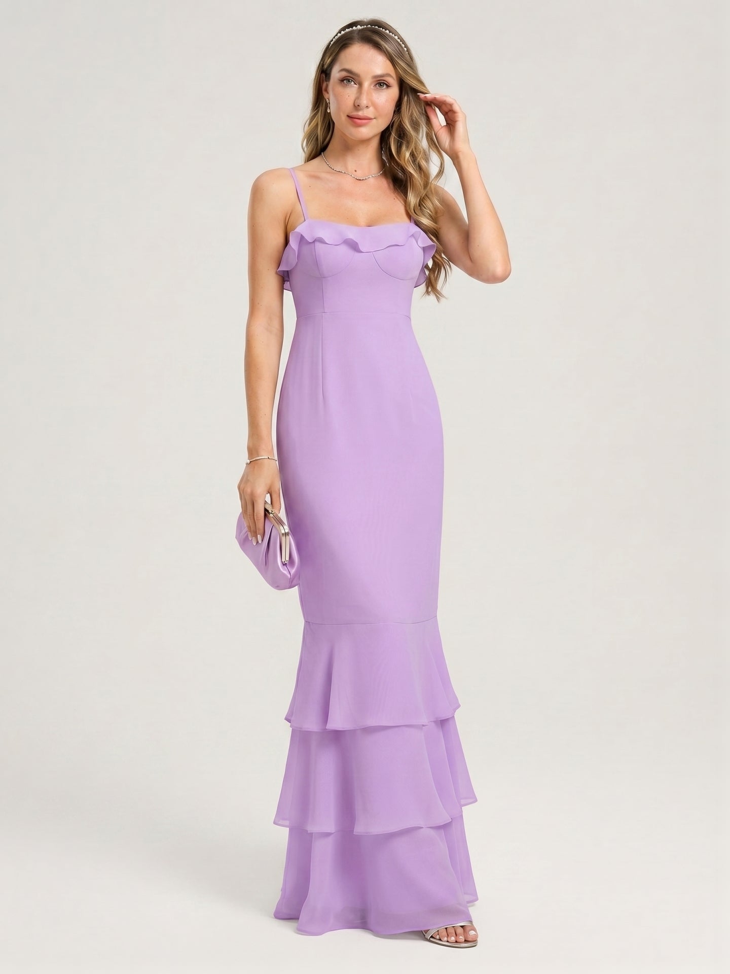 Coquette Wisteria Chiffon mermaid Straight Neck Back Zip Ankle-Length Bridesmaid Dress