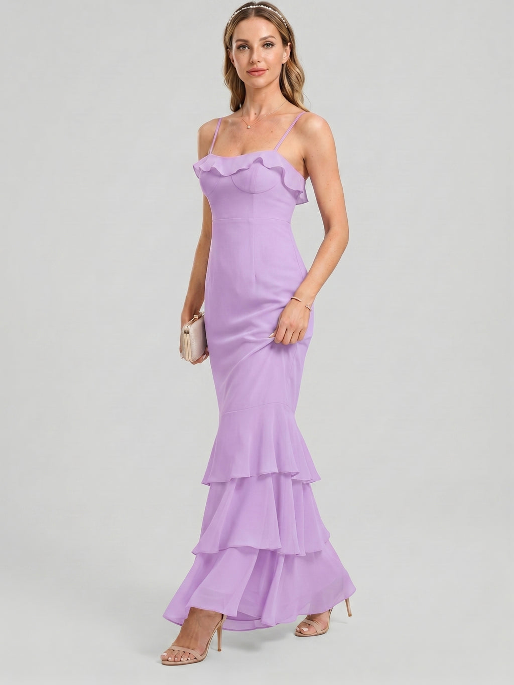 Coquette Wisteria Chiffon mermaid Straight Neck Back Zip Ankle-Length Bridesmaid Dress