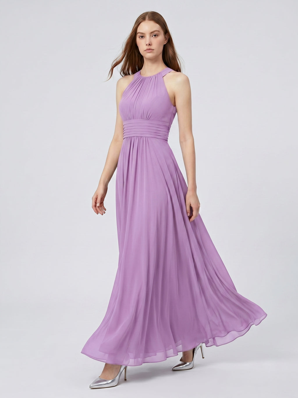 Wisteria Chiffon A-Line Halter Back Zip Floor-Length Bridesmaid Dress