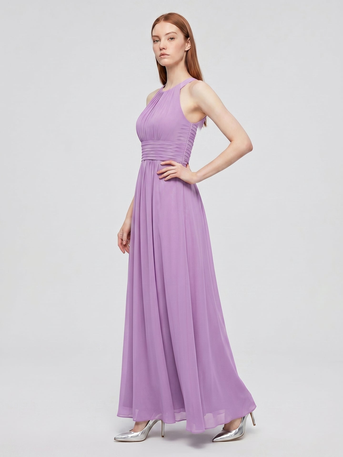 Wisteria Chiffon A-Line Halter Back Zip Floor-Length Bridesmaid Dress