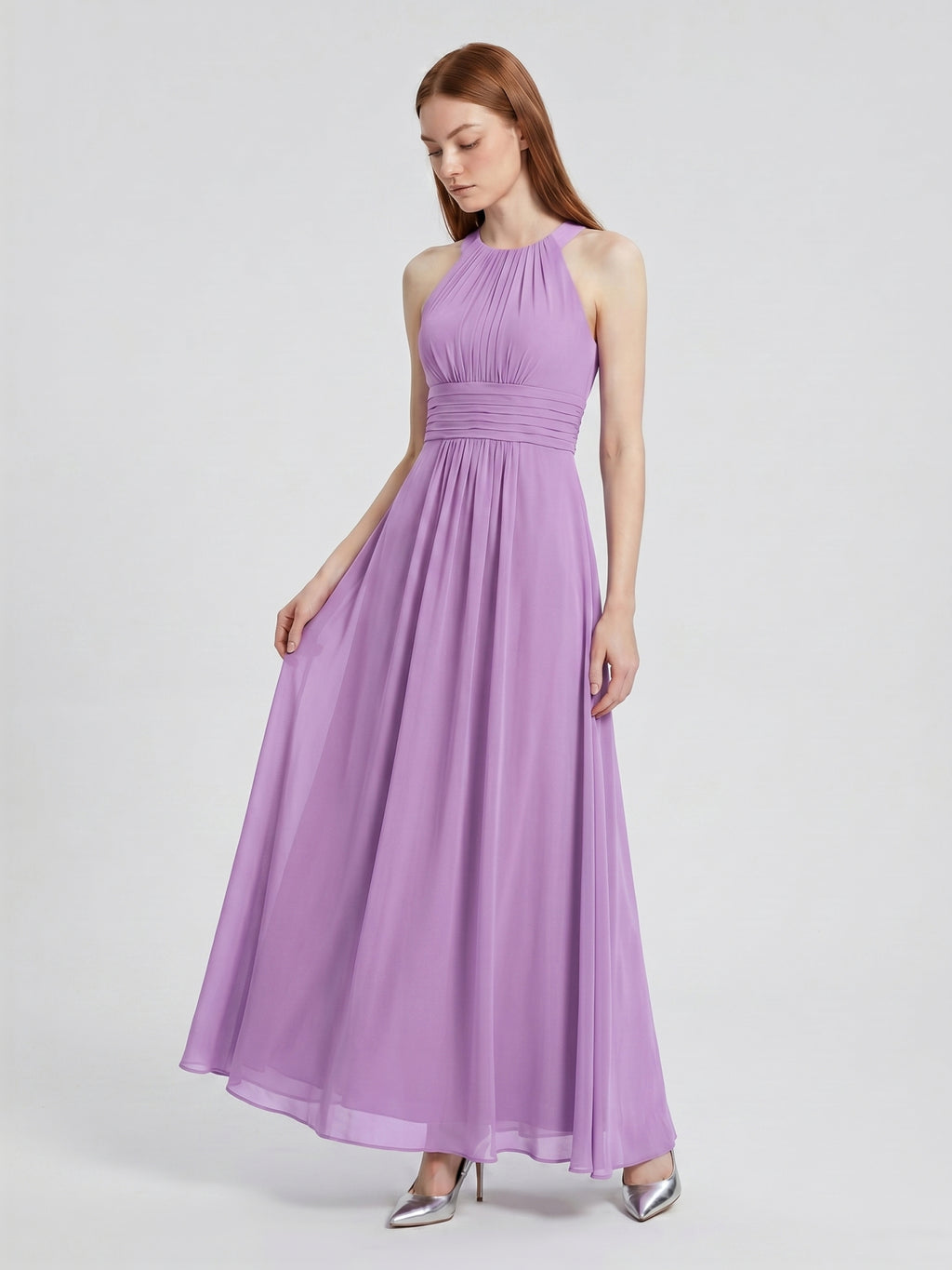 Wisteria Chiffon A-Line Halter Back Zip Floor-Length Bridesmaid Dress