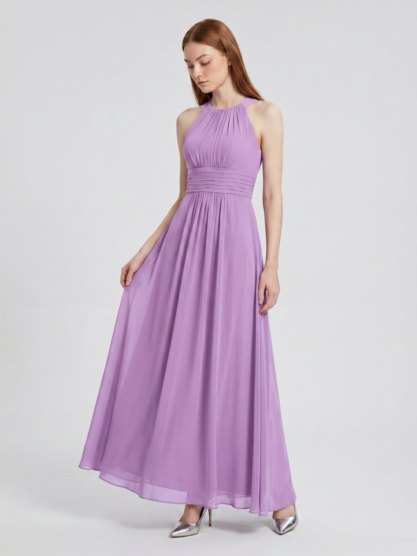 Wisteria Chiffon A-Line Halter Back Zip Floor-Length Bridesmaid Dress