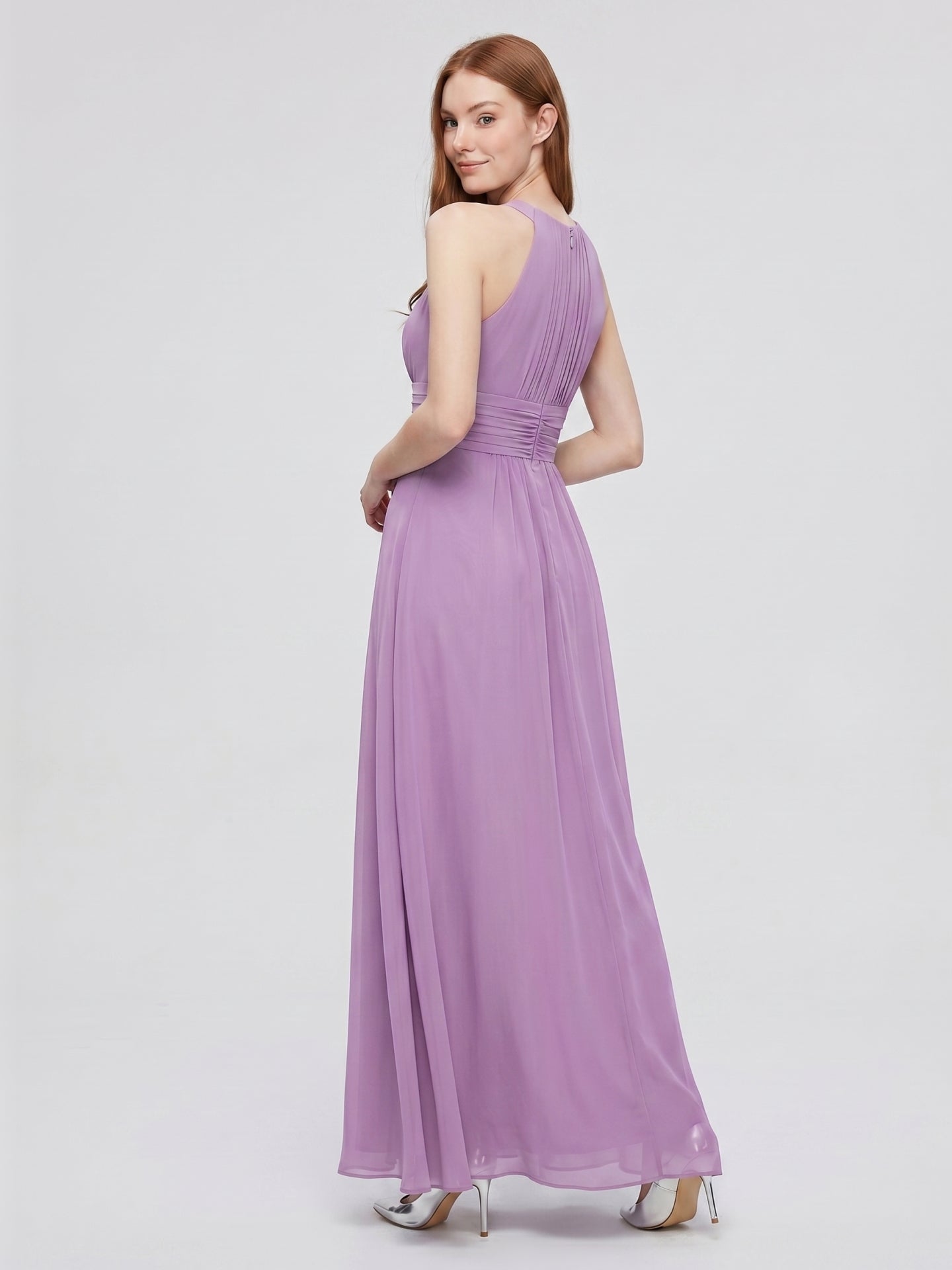 Wisteria Chiffon A-Line Halter Back Zip Floor-Length Bridesmaid Dress