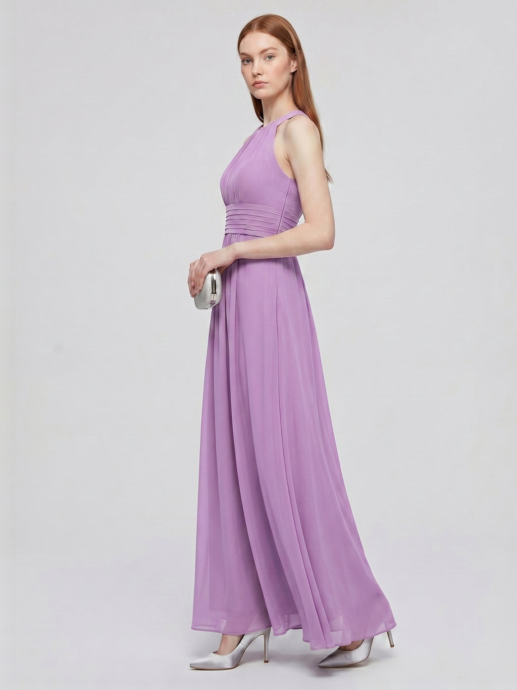 Wisteria Chiffon A-Line Halter Back Zip Floor-Length Bridesmaid Dress