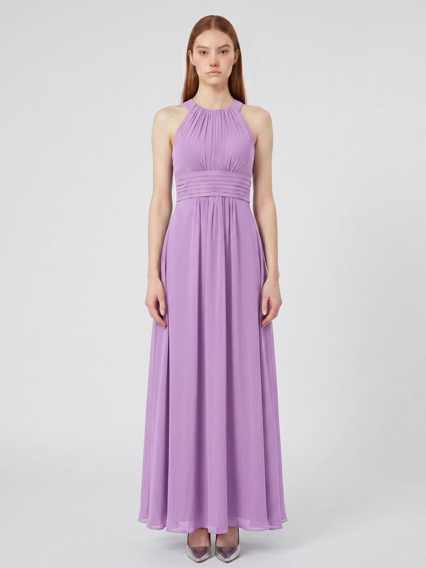 Wisteria Chiffon A-Line Halter Back Zip Floor-Length Bridesmaid Dress