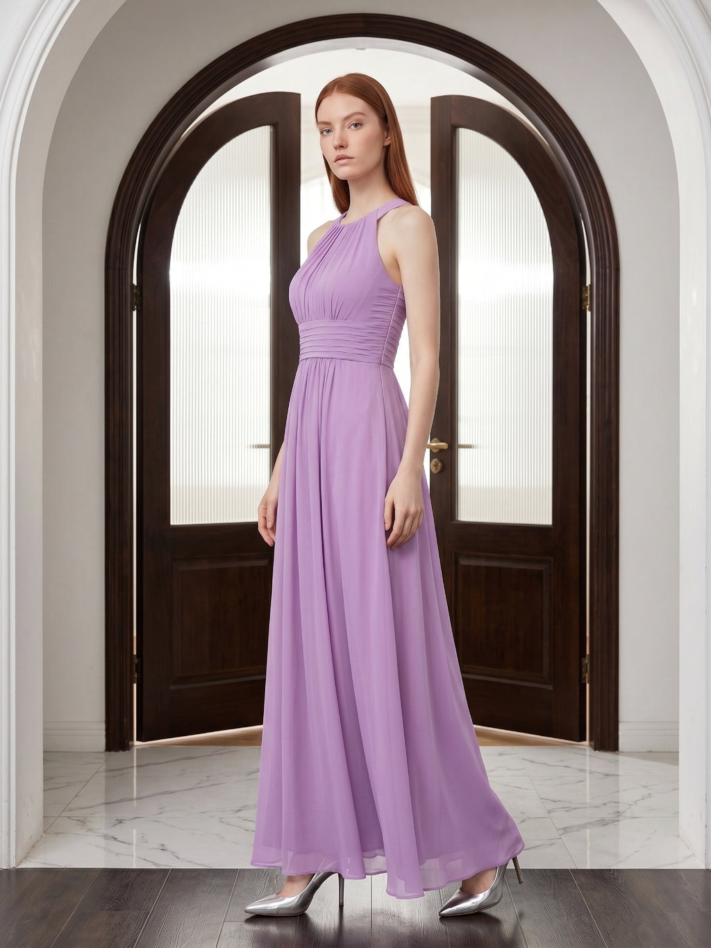 Wisteria Chiffon A-Line Halter Back Zip Floor-Length Bridesmaid Dress