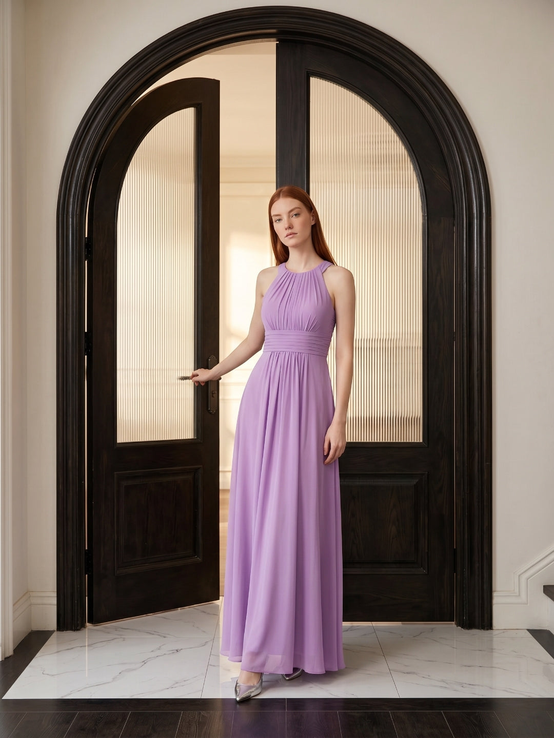 Wisteria Chiffon A-Line Halter Back Zip Floor-Length Bridesmaid Dress