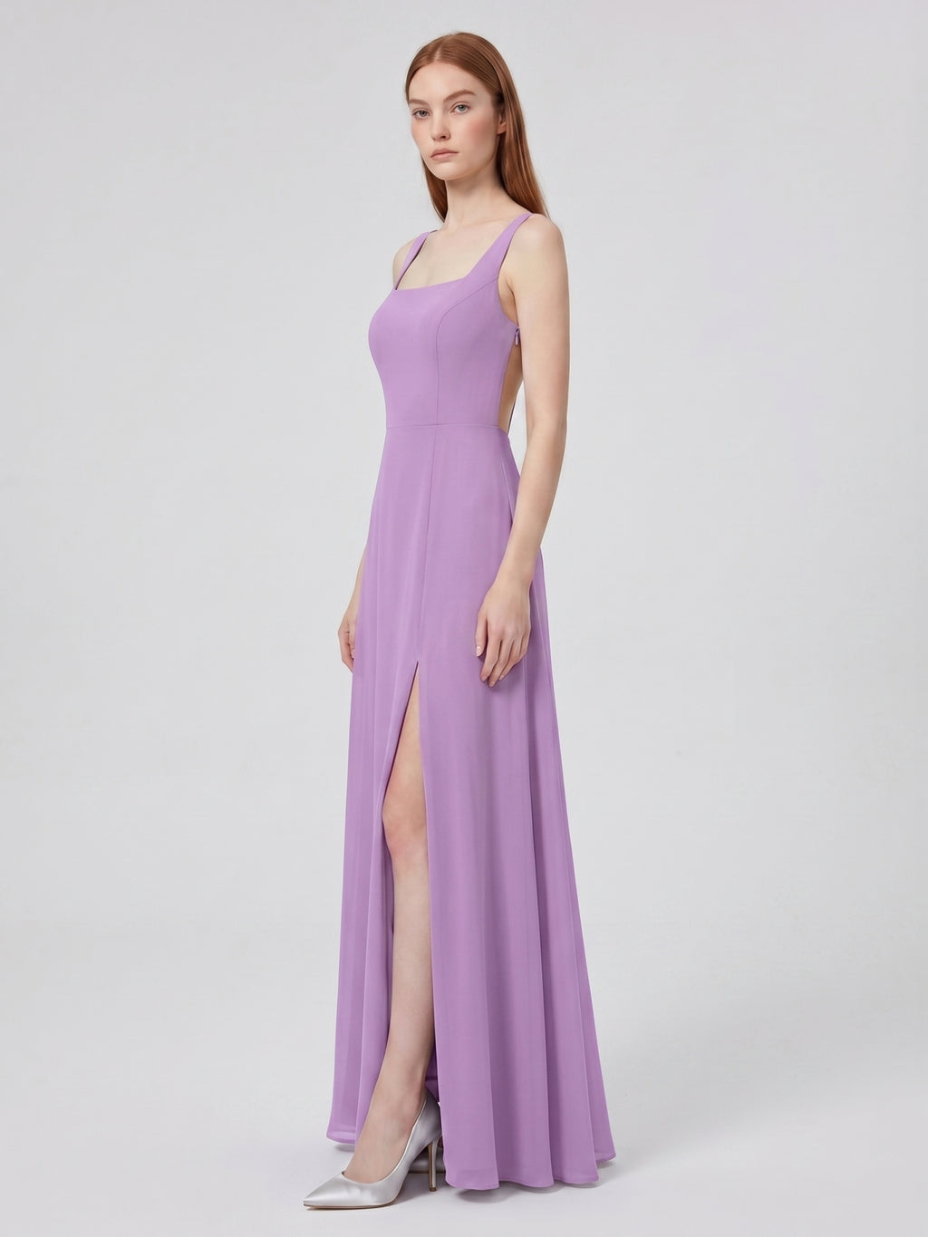 Wisteria Chiffon A-Line Square Neck Back Zip Floor-Length Bridesmaid Dress