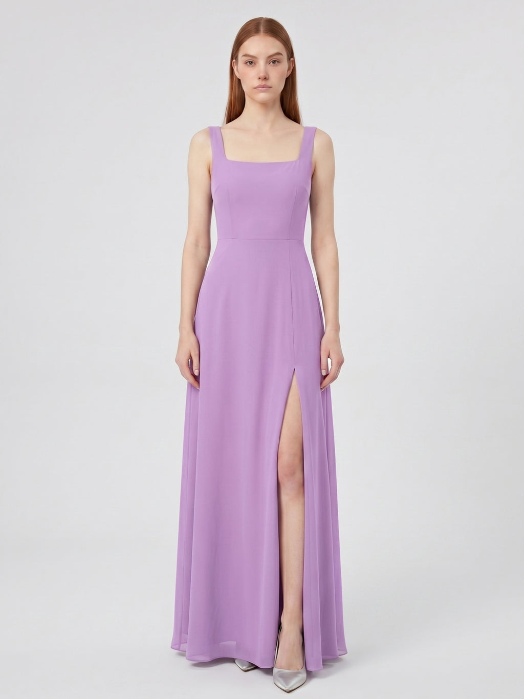 Wisteria Chiffon A-Line Square Neck Back Zip Floor-Length Bridesmaid Dress