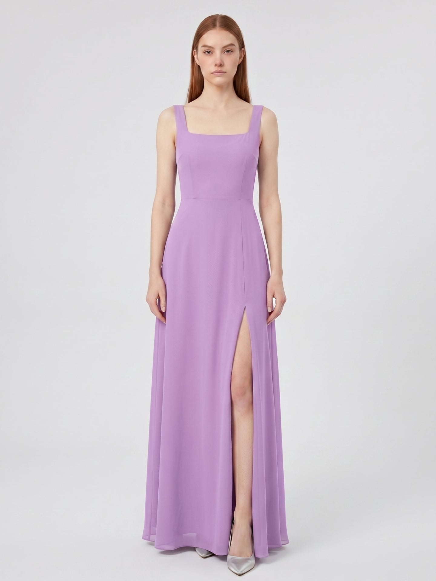 Wisteria Chiffon A-Line Square Neck Back Zip Floor-Length Bridesmaid Dress