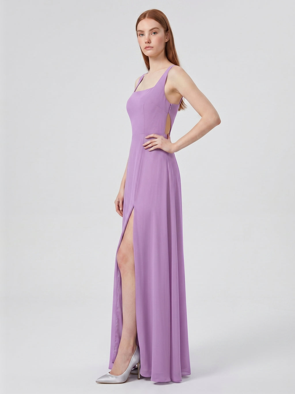 Wisteria Chiffon A-Line Square Neck Back Zip Floor-Length Bridesmaid Dress