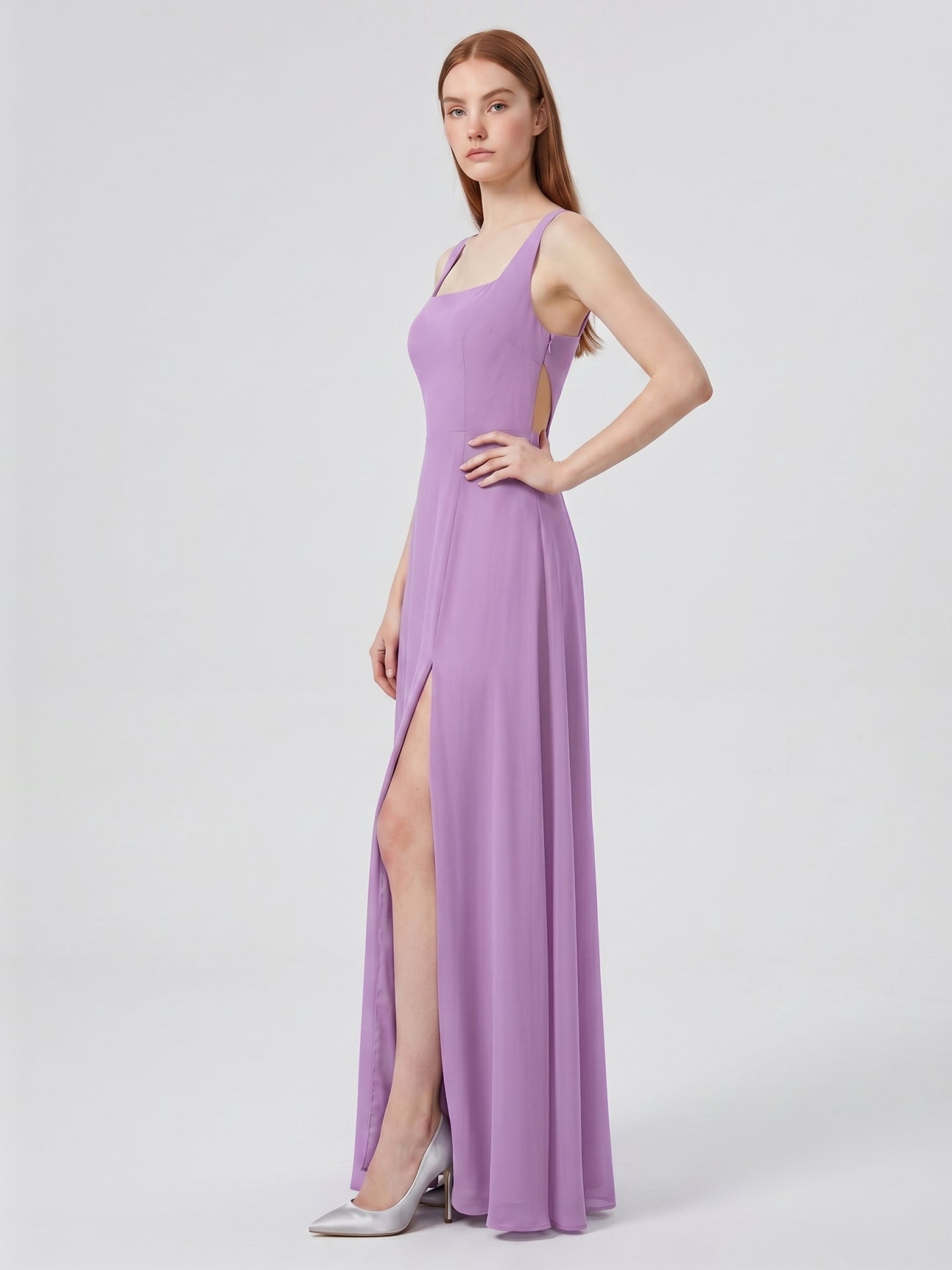 Wisteria Chiffon A-Line Square Neck Back Zip Floor-Length Bridesmaid Dress