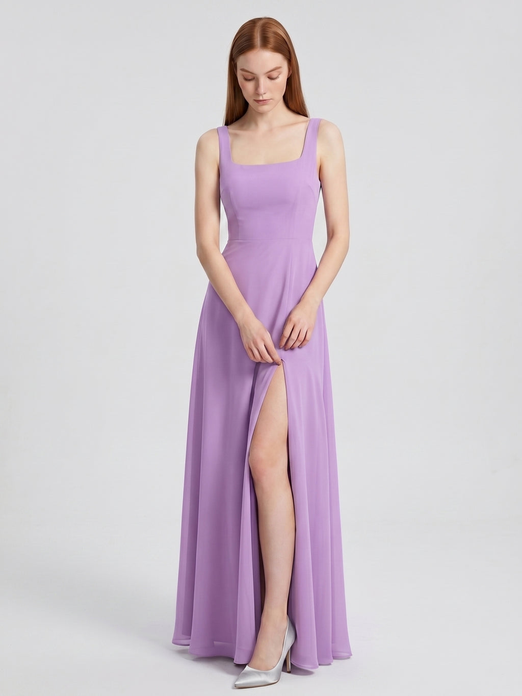 Wisteria Chiffon A-Line Square Neck Back Zip Floor-Length Bridesmaid Dress
