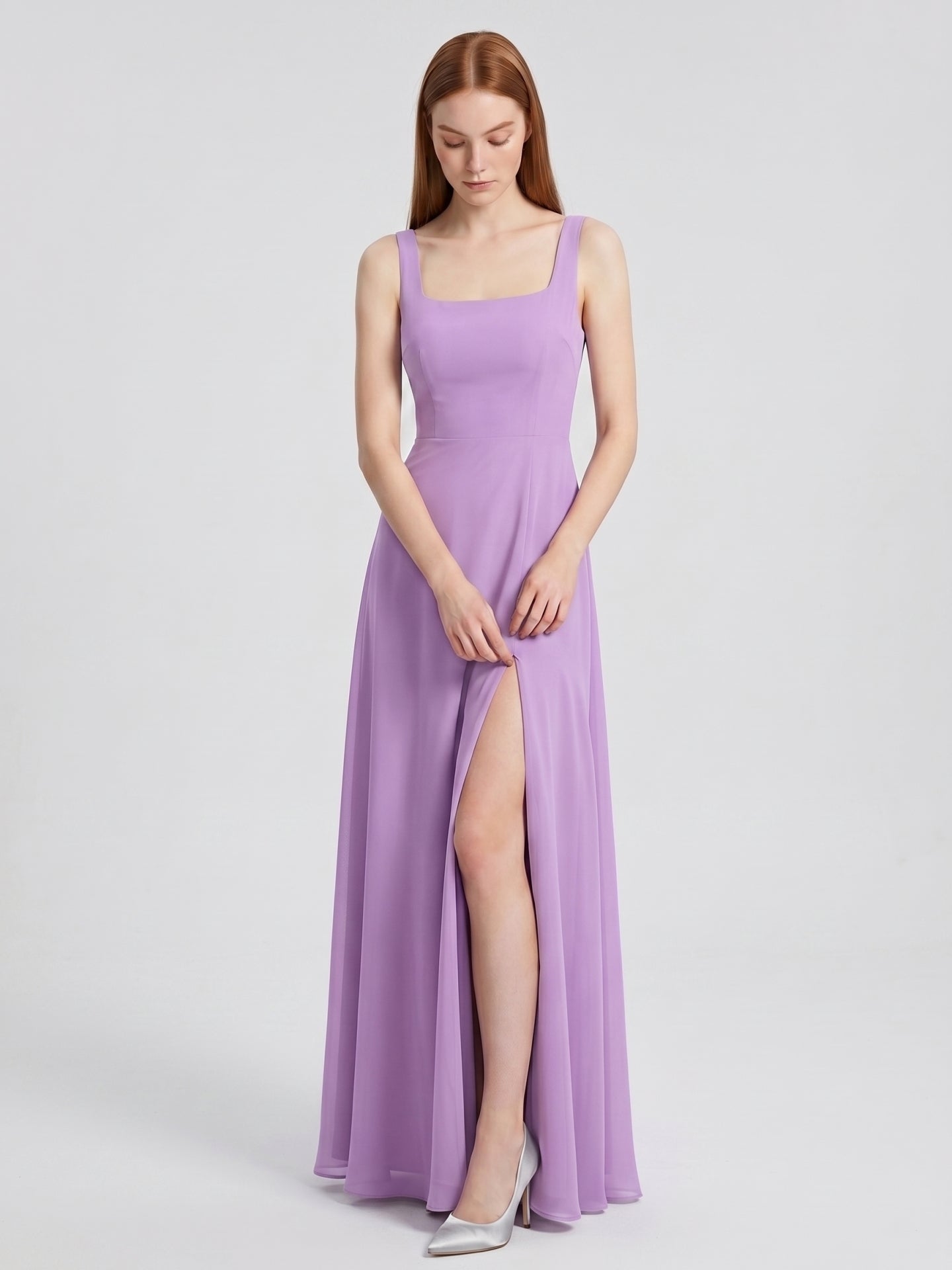 Wisteria Chiffon A-Line Square Neck Back Zip Floor-Length Bridesmaid Dress
