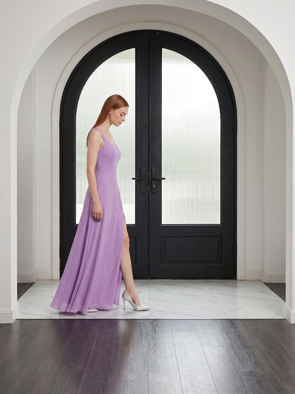 Wisteria Chiffon A-Line Square Neck Back Zip Floor-Length Bridesmaid Dress