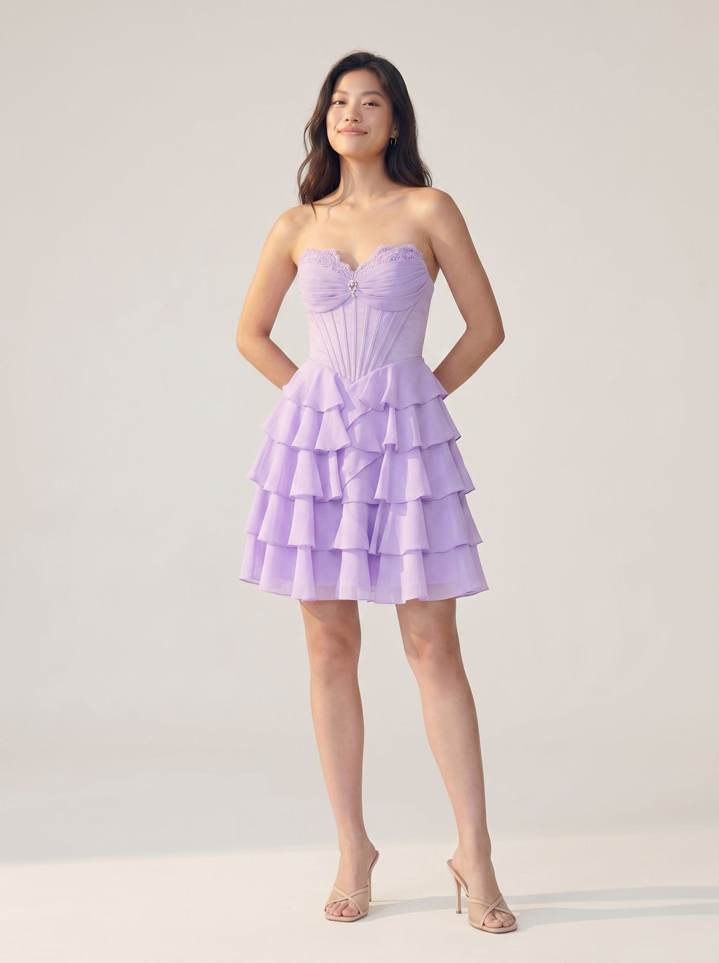 Wisteria Chiffon A-Line Sweetheart Back Zip Short Homecoming Dress with Ruffles