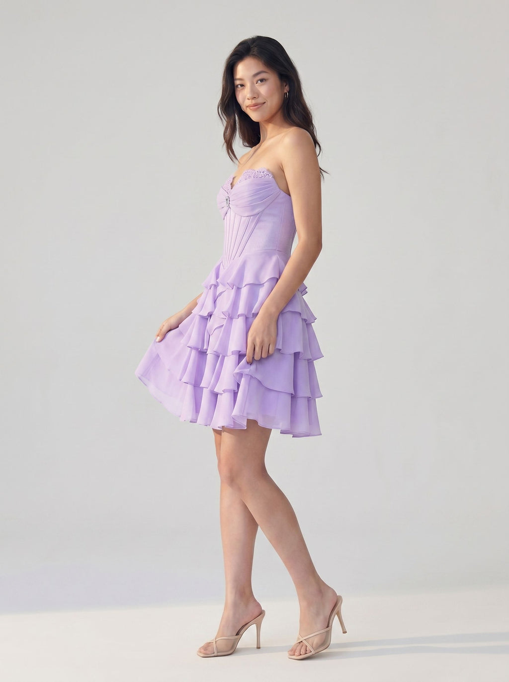 Wisteria Chiffon A-Line Sweetheart Back Zip Short Homecoming Dress with Ruffles