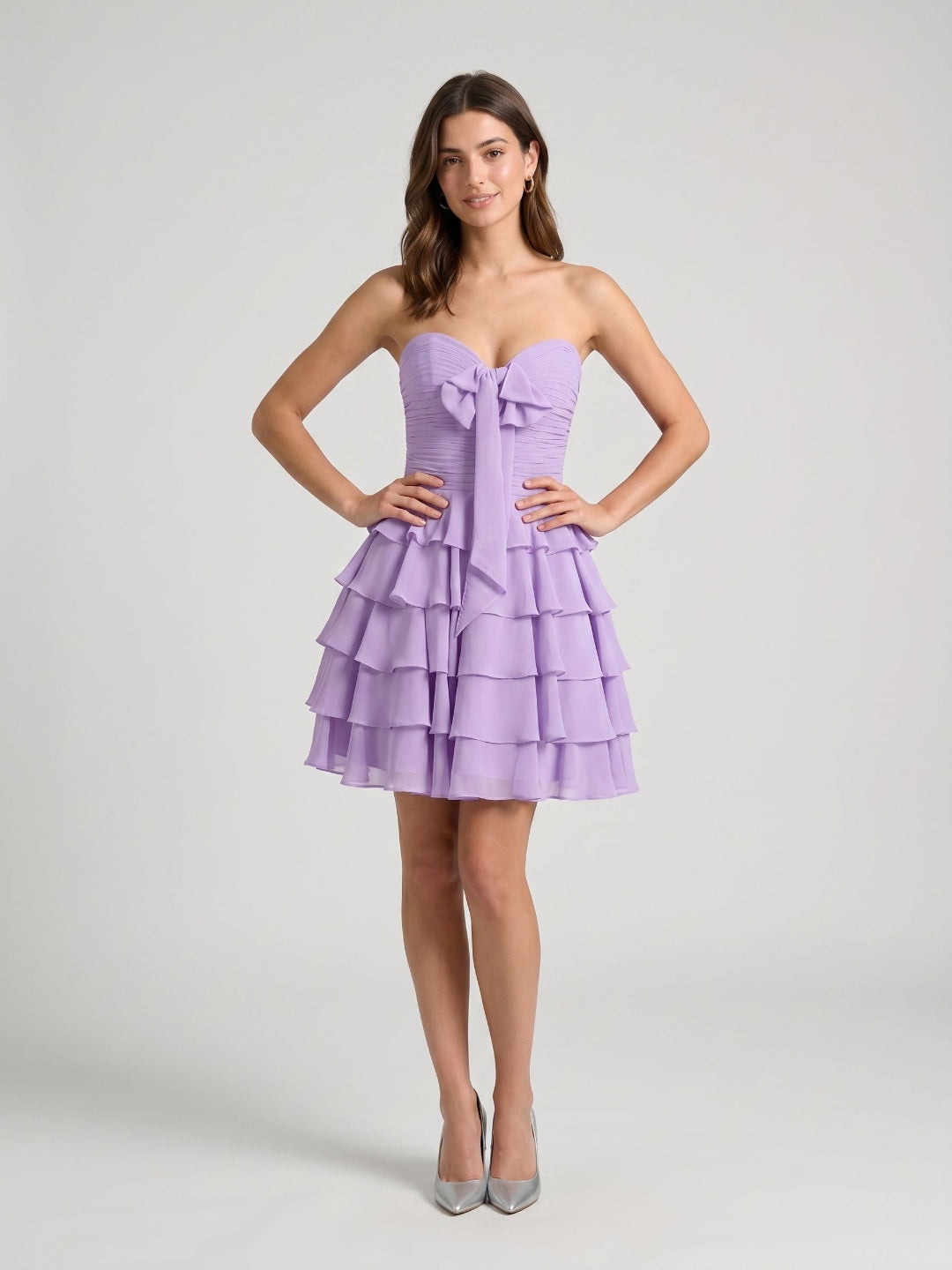 Wisteria Chiffon A-Line Sweetheart Lace-Up Back Short Birthday Dress with Cascading Ruffles