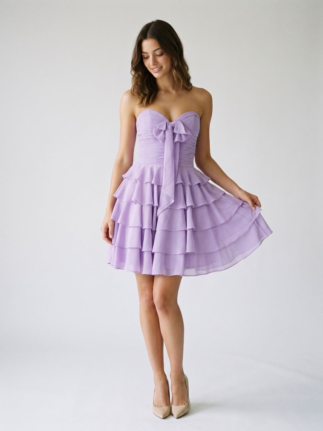 Wisteria Chiffon A-Line Sweetheart Lace-Up Back Short Birthday Dress with Cascading Ruffles