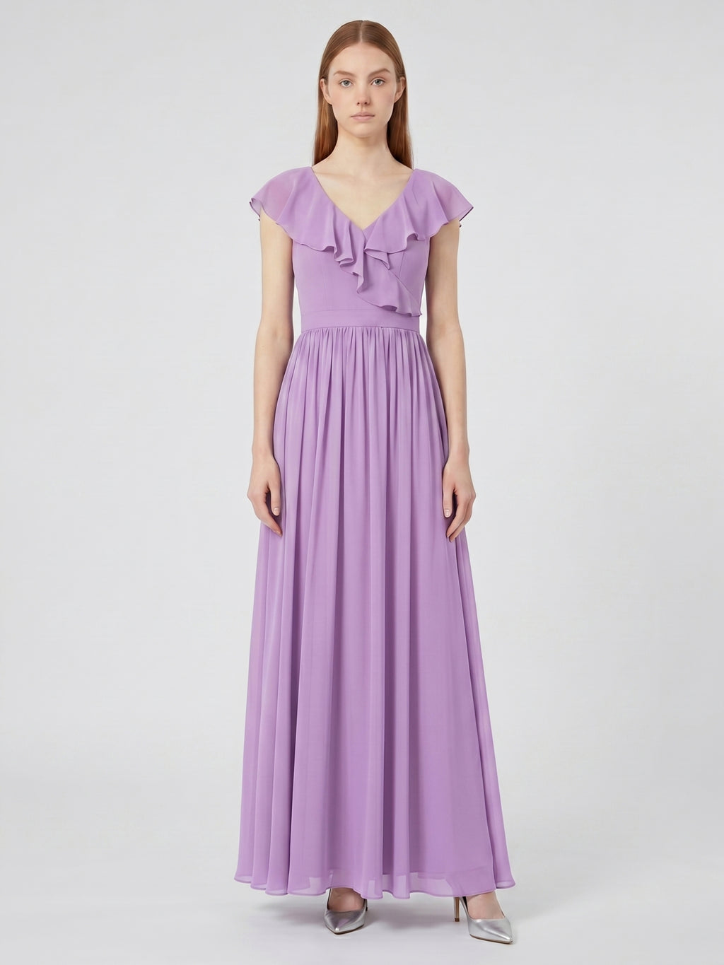Wisteria Chiffon A-Line V-Neck Back Zip Floor-Length Bridesmaid Dress