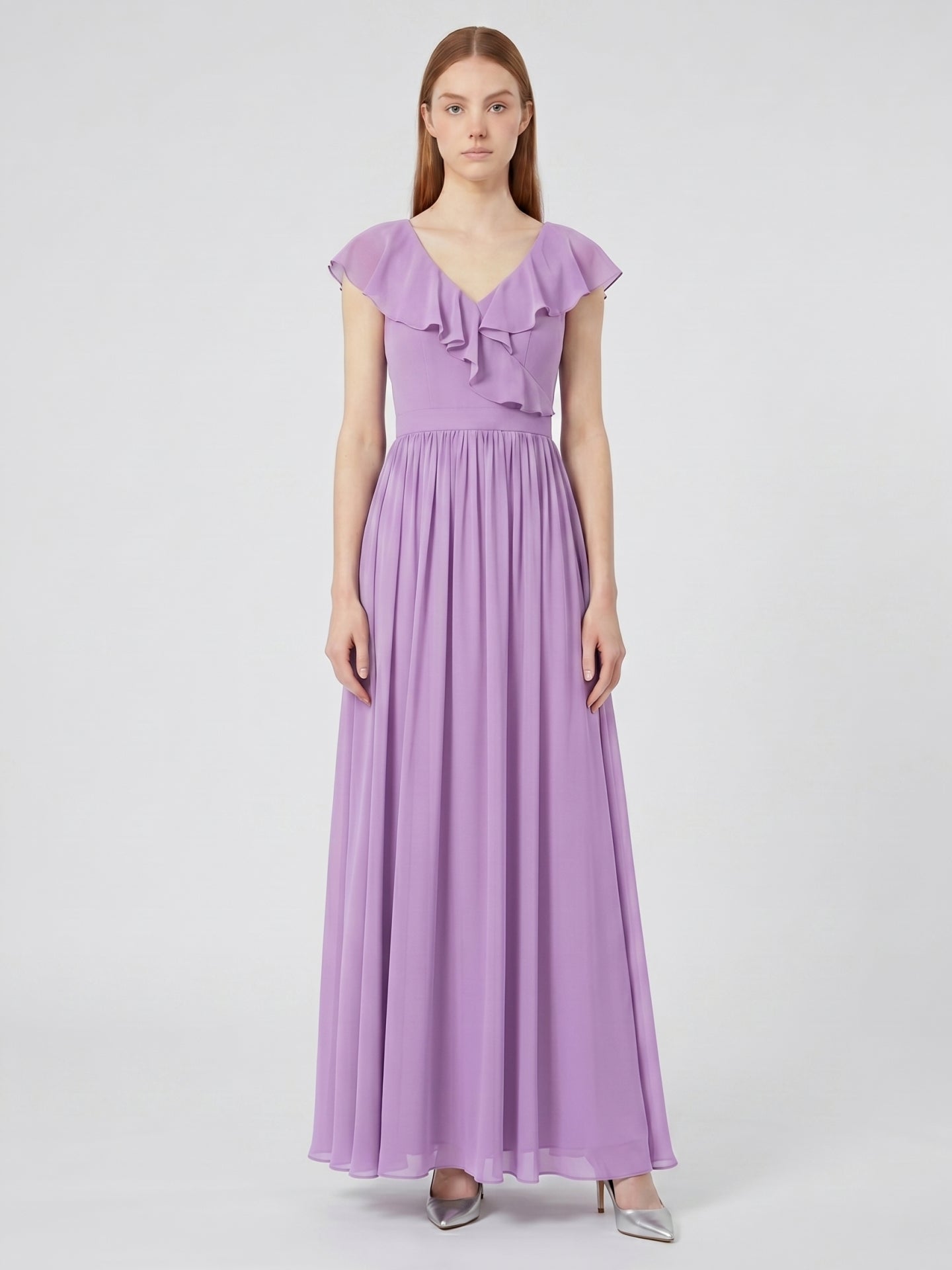 Wisteria Chiffon A-Line V-Neck Back Zip Floor-Length Bridesmaid Dress