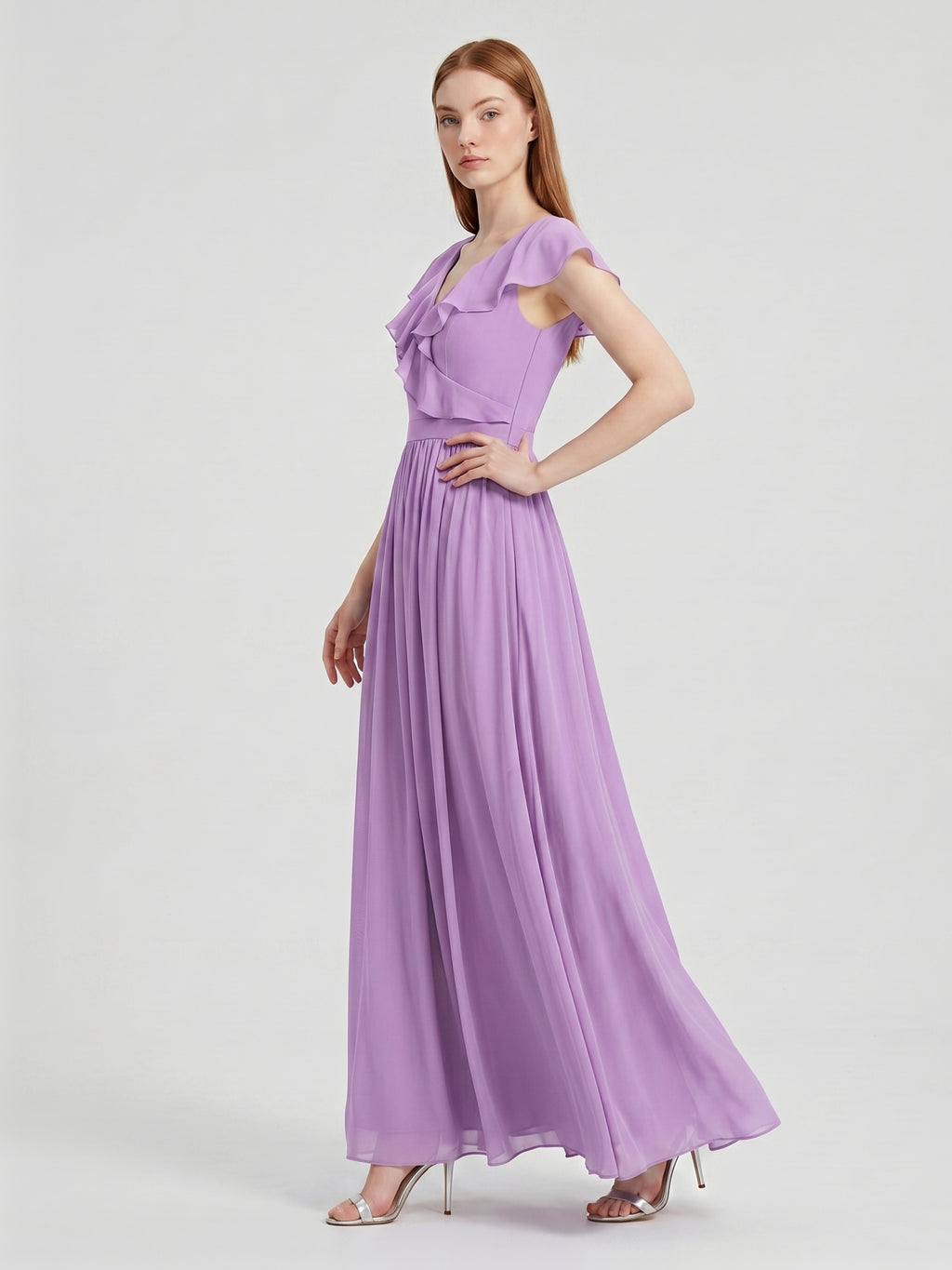 Wisteria Chiffon A-Line V-Neck Back Zip Floor-Length Bridesmaid Dress