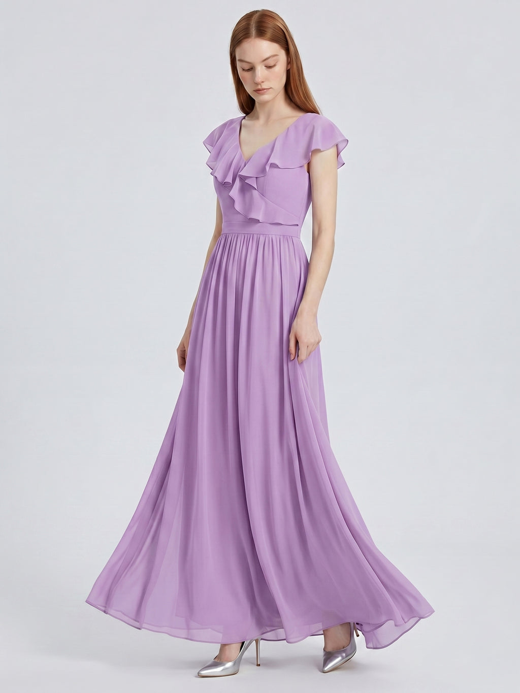 Wisteria Chiffon A-Line V-Neck Back Zip Floor-Length Bridesmaid Dress