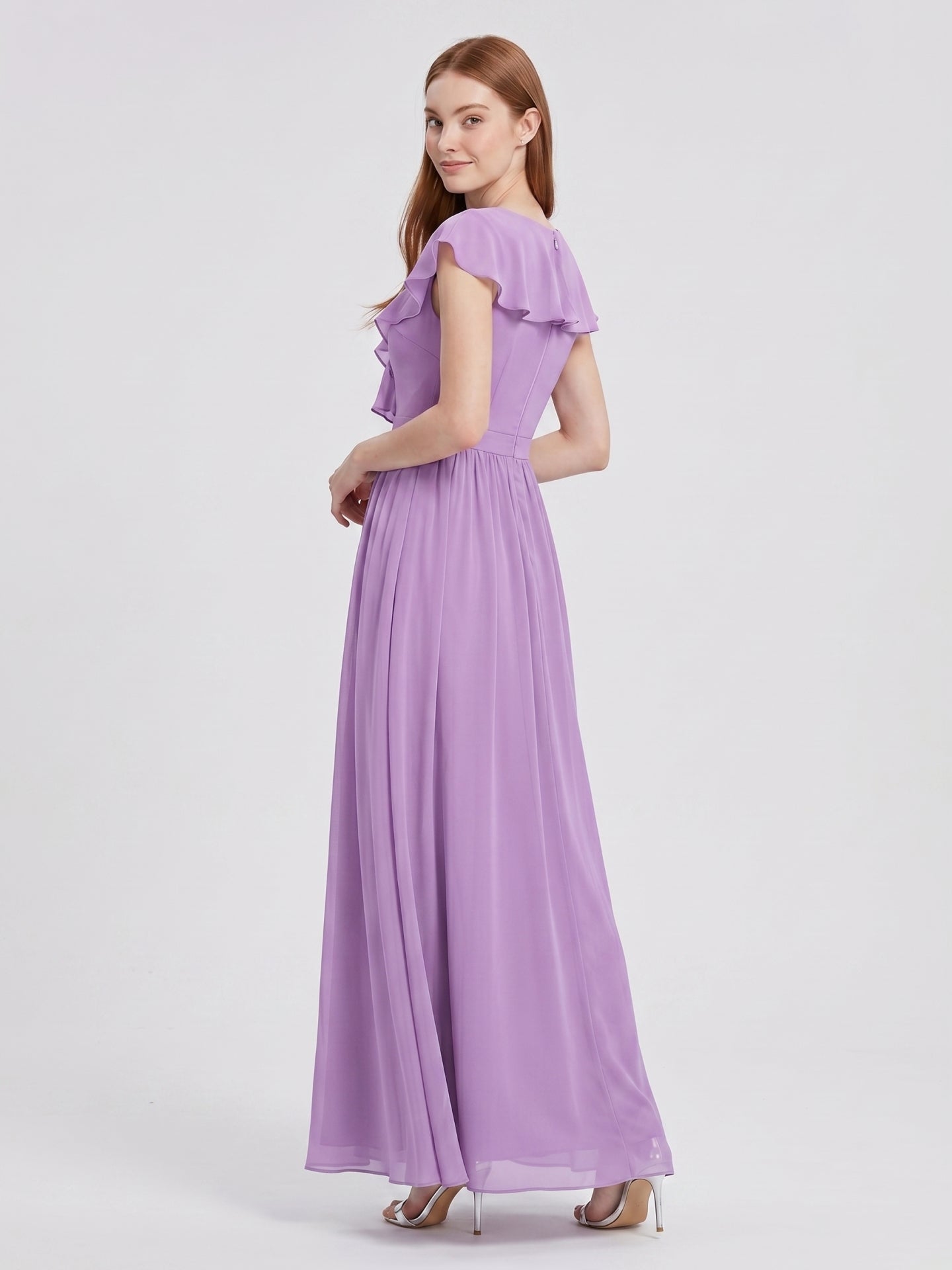 Wisteria Chiffon A-Line V-Neck Back Zip Floor-Length Bridesmaid Dress