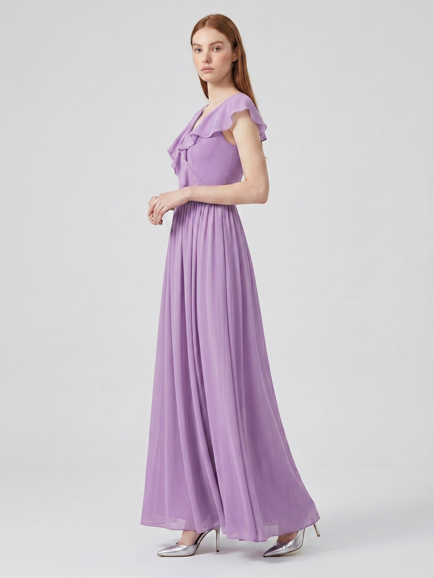 Wisteria Chiffon A-Line V-Neck Back Zip Floor-Length Bridesmaid Dress
