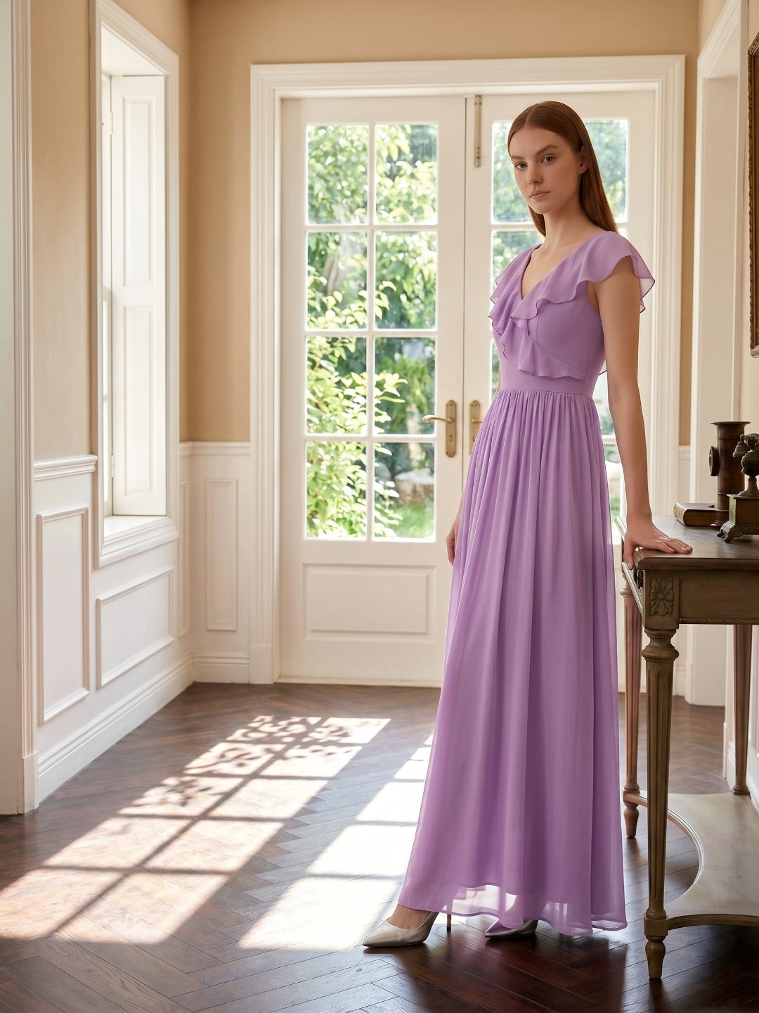 Wisteria Chiffon A-Line V-Neck Back Zip Floor-Length Bridesmaid Dress