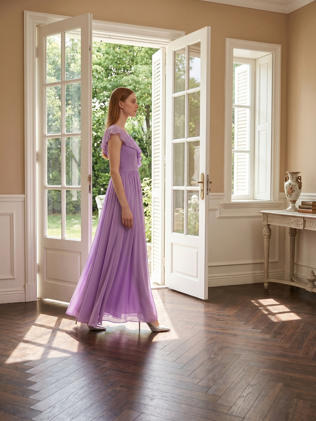 Wisteria Chiffon A-Line V-Neck Back Zip Floor-Length Bridesmaid Dress