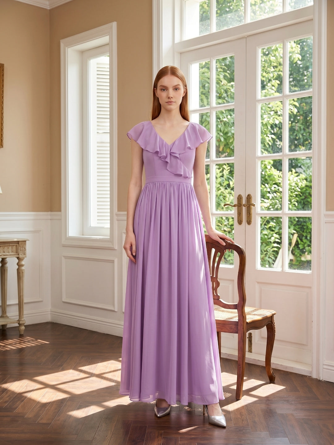 Wisteria Chiffon A-Line V-Neck Back Zip Floor-Length Bridesmaid Dress